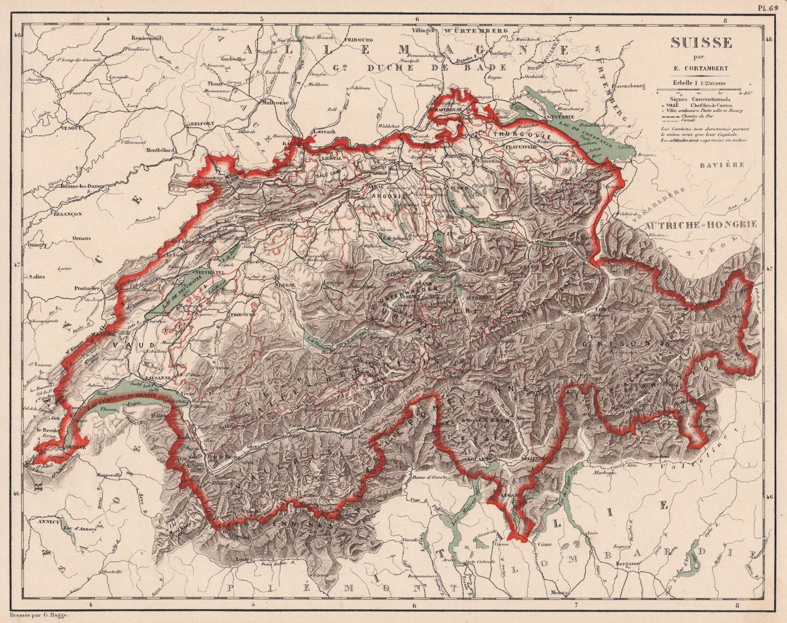SUISSE Schweiz Switzerland physical. Lakes rivers mountains railways 1880 map